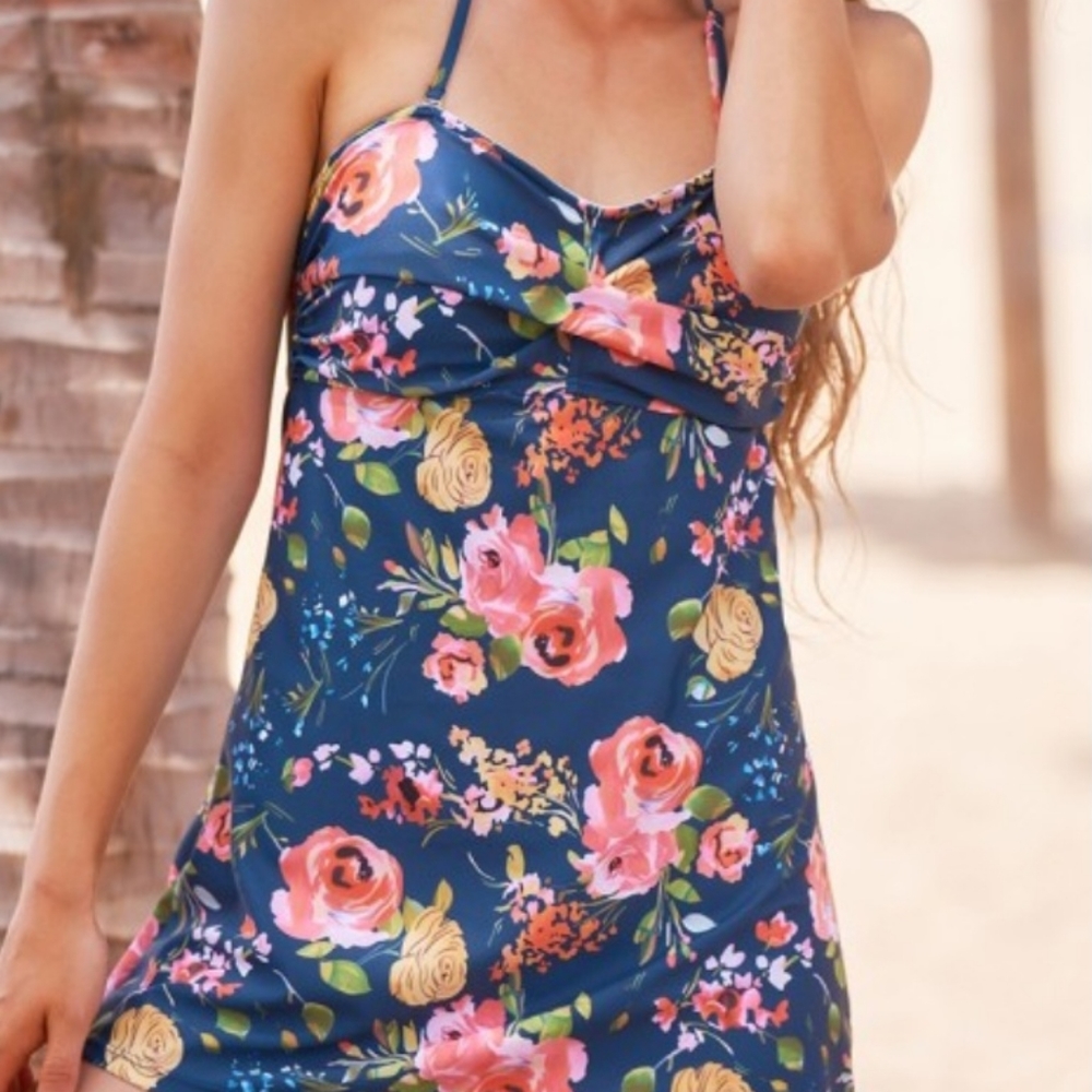 Navy Floral Print Halter Spaghetti Straps Swimdress
